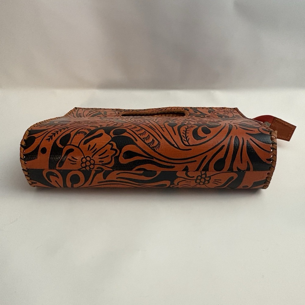 Tooled Leather Clutch Purse Floral Orange Black Handbag Whipstitch Made in India - Picture 3 of 9